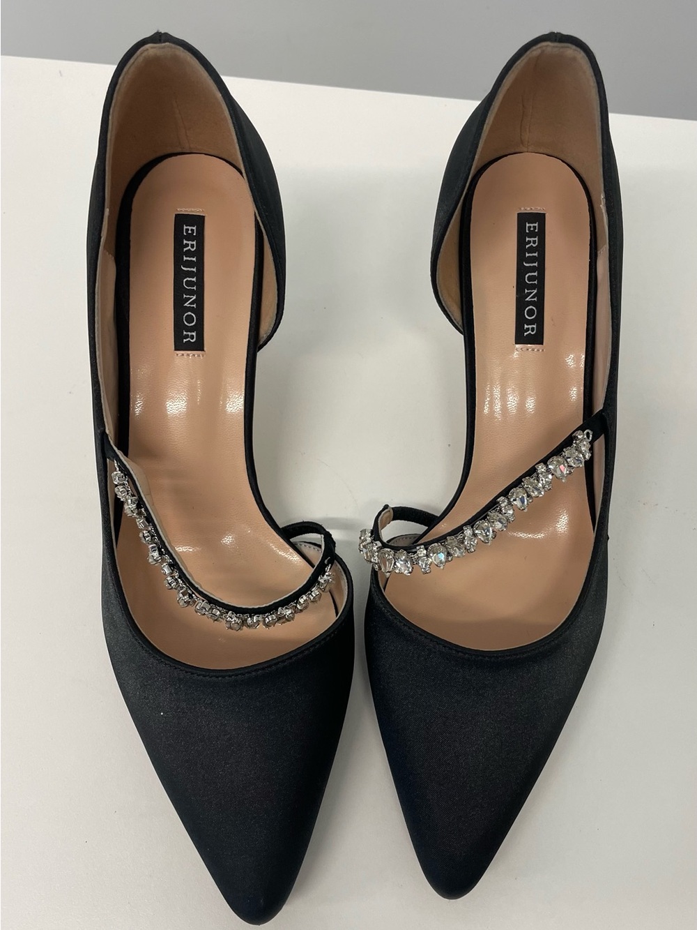 ERIJUNOR Black Pointed Satin Pumps with Crystal Strap